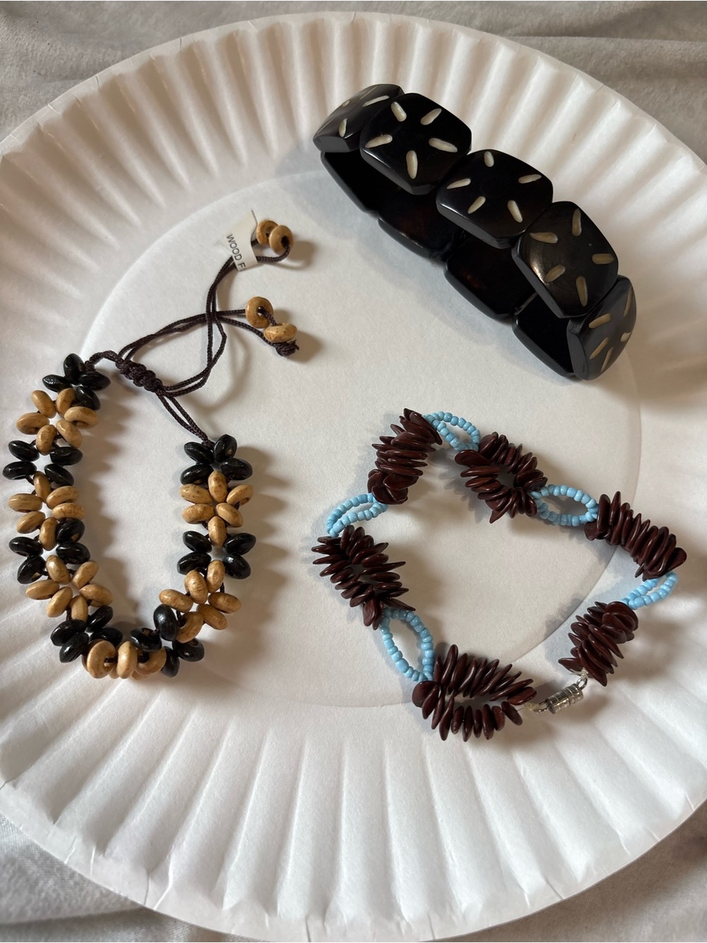 3 Beaded Beachy Bracelets: Wooden, Shell, Brand New